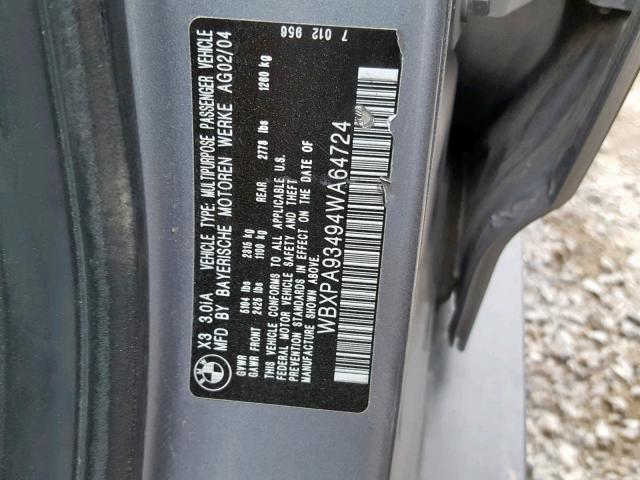 WBXPA93494WA64724 - 2004 BMW X3 3.0I SILVER photo 10