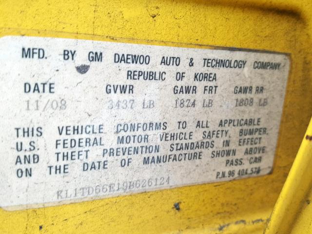 KL1TD66E19B626124 - 2009 CHEVROLET AVEO LS YELLOW photo 10