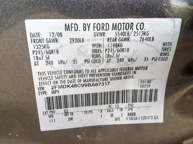 2FMDK48C99BA67317 - 2009 FORD EDGE SEL GRAY photo 10