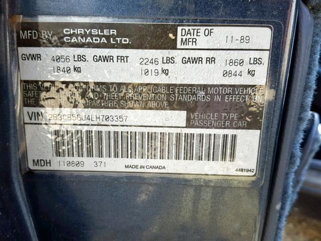 2B3CB56U4LH703357 - 1990 DODGE MONACO LE BLUE photo 10