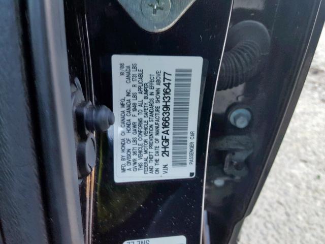 2HGFA16639H316477 - 2009 HONDA CIVIC BLACK photo 10