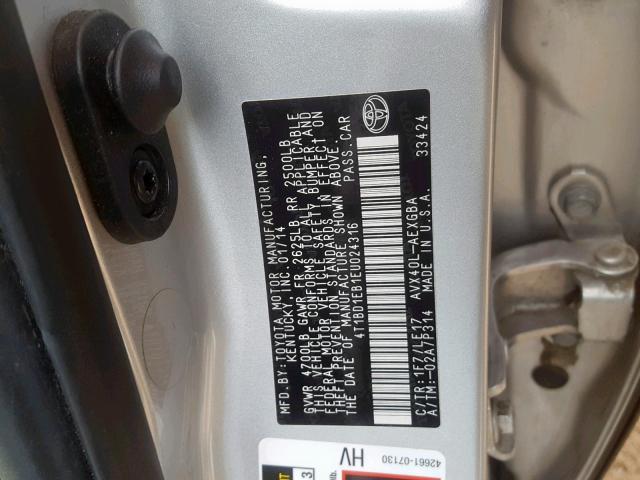 4T1BD1EB1EU024316 - 2014 TOYOTA AVALON HYB SILVER photo 10