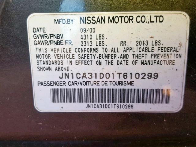 JN1CA31D01T610299 - 2001 NISSAN MAXIMA GXE BLACK photo 10