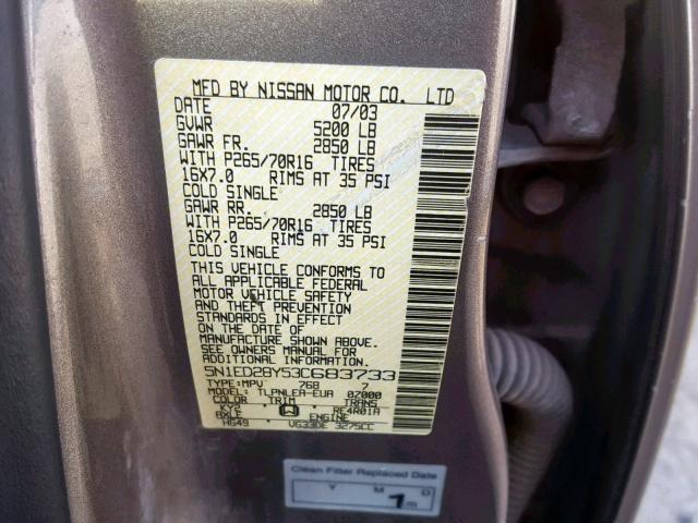 5N1ED28Y53C683733 - 2003 NISSAN XTERRA XE BROWN photo 10