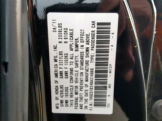 1HGCS1B34BA014888 - 2011 HONDA ACCORD LX- BLACK photo 10