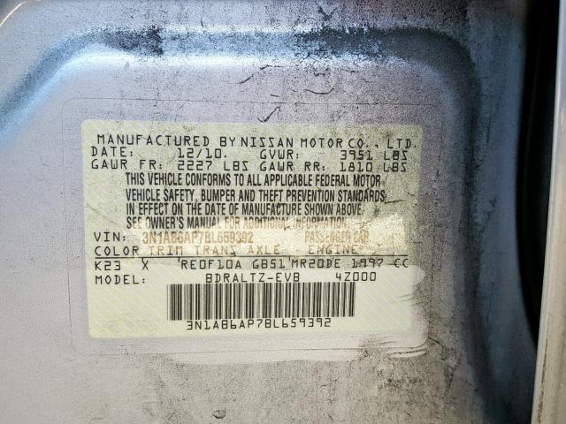 3N1AB6AP7BL659392 - 2011 NISSAN SENTRA 2.0 SILVER photo 10