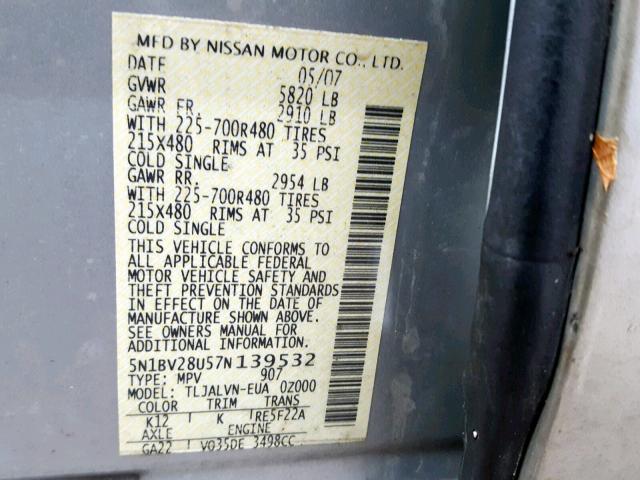 5N1BV28U57N139532 - 2007 NISSAN QUEST S SILVER photo 10