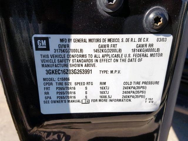 3GKEC16Z03G263991 - 2003 GMC YUKON XL C BLACK photo 10