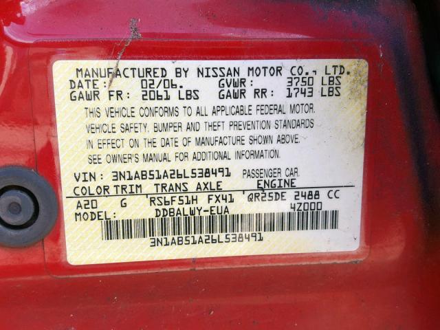 3N1AB51A26L538491 - 2006 NISSAN SENTRA SE- RED photo 10