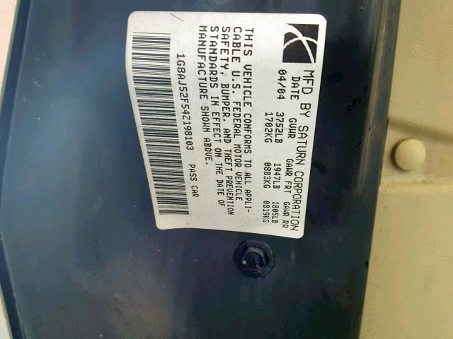 1G8AJ52F54Z198103 - 2004 SATURN ION LEVEL CREAM photo 10