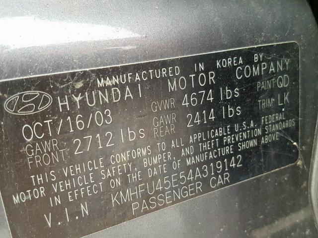 KMHFU45E54A319142 - 2004 HYUNDAI XG 350 GRAY photo 10