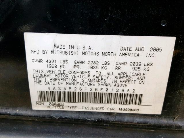 4A3AB26F26E012682 - 2006 MITSUBISHI GALANT DE BLACK photo 10