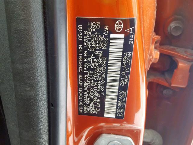 JTKKU10438J029982 - 2008 TOYOTA SCION XD ORANGE photo 10