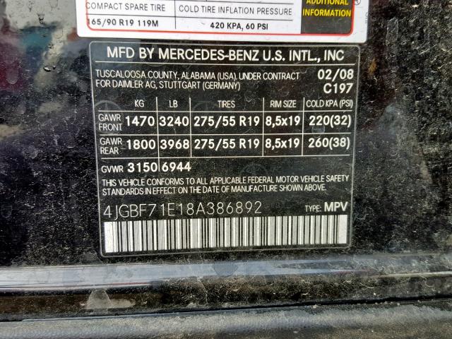 4JGBF71E18A386892 - 2008 MERCEDES-BENZ GL 450 4MA BLACK photo 10