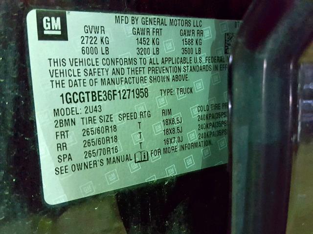 1GCGTBE36F1271958 - 2015 CHEVROLET COLORADO L BLACK photo 10