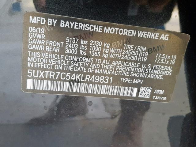 5UXTR7C54KLR49831 - 2019 BMW X3 SDRIVE3 BLACK photo 10