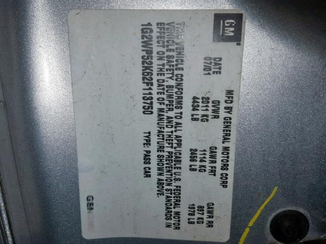 1G2WP52K62F113750 - 2002 PONTIAC GRAND PRIX SILVER photo 10