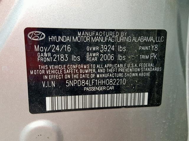 5NPD84LF1HH082210 - 2017 HYUNDAI ELANTRA L SILVER photo 10