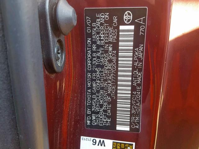 JTKDE177770204874 - 2007 TOYOTA SCION TC BURGUNDY photo 10