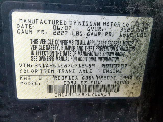 3N1AB61E87L712459 - 2007 NISSAN SENTRA 2.0 BLACK photo 10