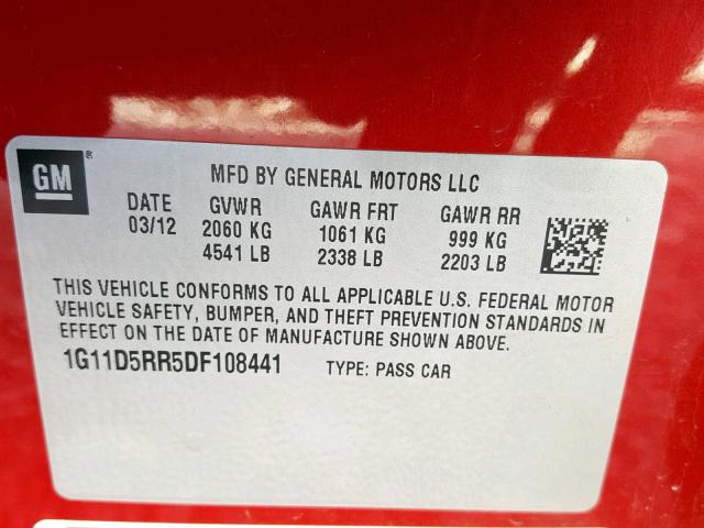 1G11D5RR5DF108441 - 2013 CHEVROLET MALIBU 1LT 红色 照片 10