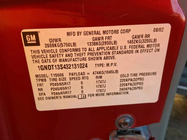 1GNDT13S432131024 - 2003 CHEVROLET TRAILBLAZE RED photo 10