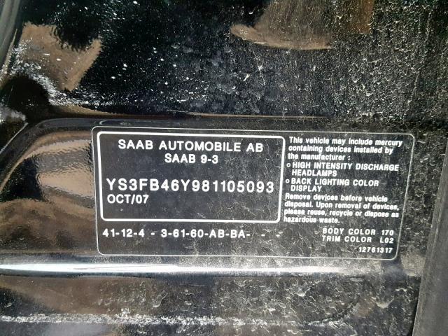 YS3FB46Y981105093 - 2008 SAAB 9-3 2.0T BLACK photo 10