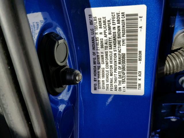 19XZE4F58KE000860 - 2019 HONDA INSIGHT EX BLUE photo 10