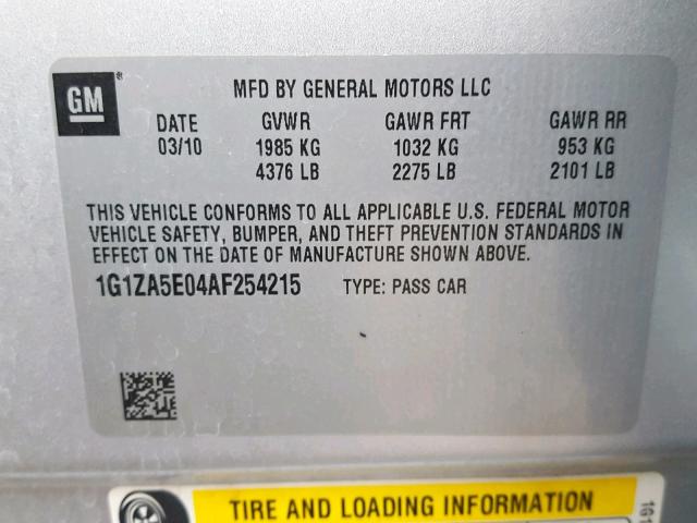 1G1ZA5E04AF254215 - 2010 CHEVROLET MALIBU LS ნაცრისფერი ფოტო 10