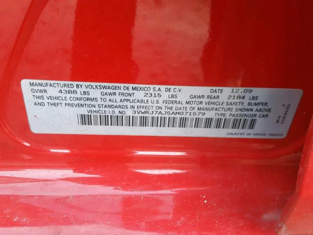 3VWRJ7AJ5AM071579 - 2010 VOLKSWAGEN JETTA WOLF RED photo 10