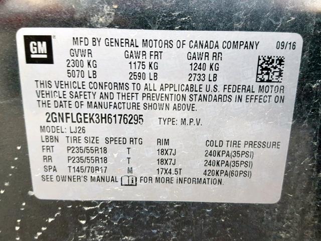 2GNFLGEK3H6176295 - 2017 CHEVROLET EQUINOX PR CHARCOAL photo 10