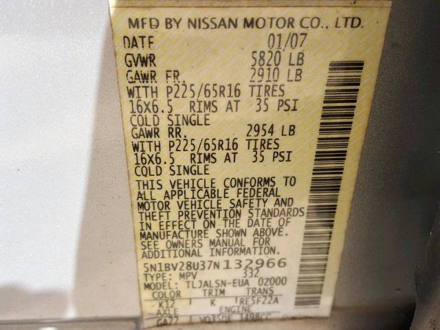 5N1BV28U37N132966 - 2007 NISSAN QUEST S SILVER photo 10