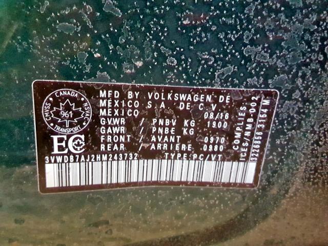 3VWDB7AJ2HM243732 - 2017 VOLKSWAGEN JETTA SE GREEN photo 10