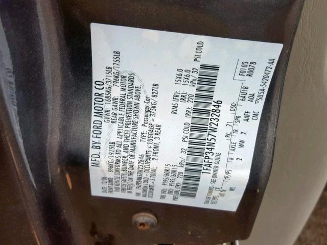 1FAFP34N57W232846 - 2007 FORD FOCUS ZX4 CHARCOAL photo 10