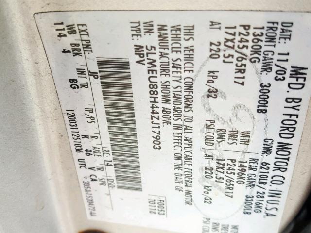 5LMEU88H44ZJ17903 - 2004 LINCOLN AVIATOR 灰色 照片 10