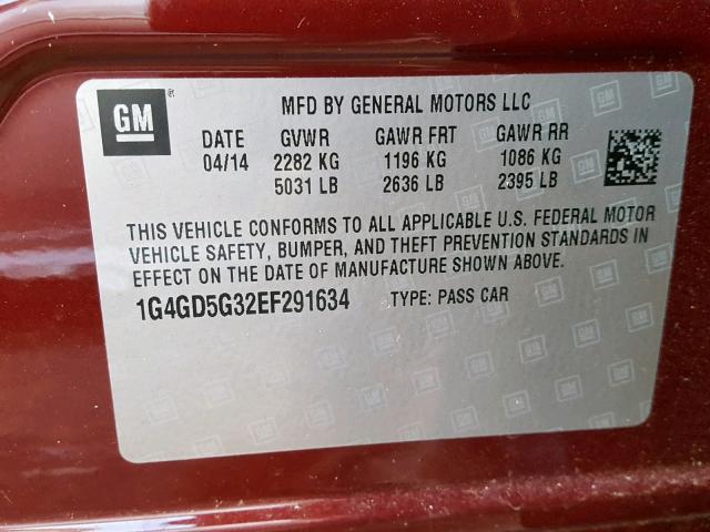 1G4GD5G32EF291634 - 2014 BUICK LACROSSE P BURGUNDY photo 10