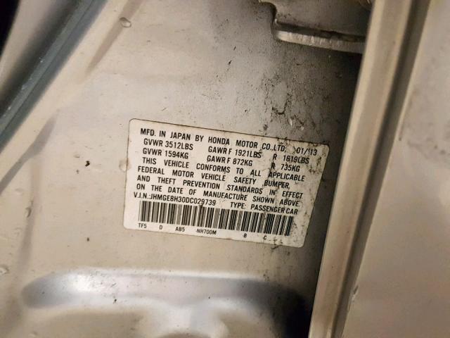 JHMGE8H30DC029739 - 2013 HONDA FIT SILVER photo 10