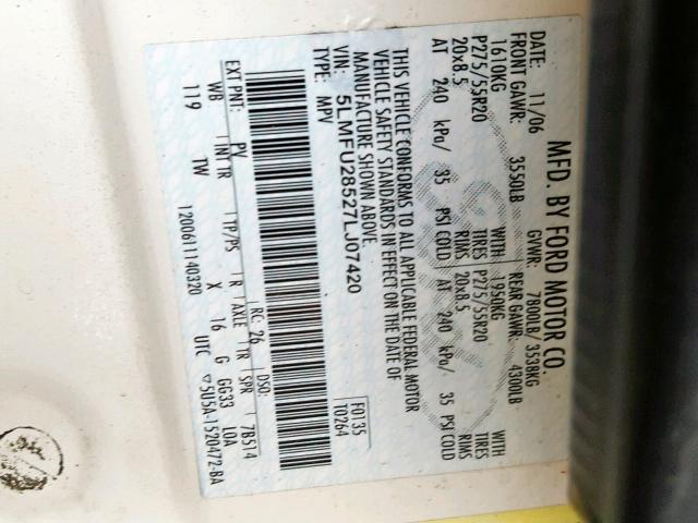 5LMFU28527LJ07420 - 2007 LINCOLN NAVIGATOR 白色 照片 10