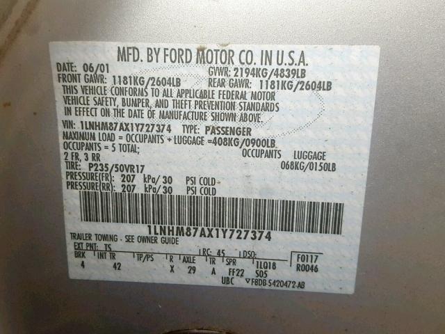 1LNHM87AX1Y727374 - 2001 LINCOLN LS فضي صورة 10