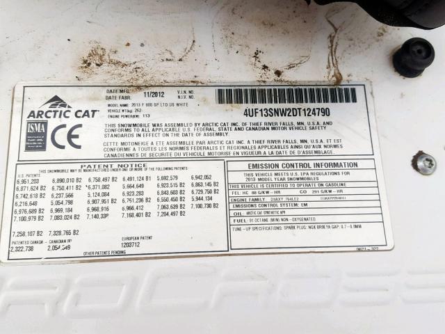 4UF13SNW2DT124790 - 2013 ARCTIC CAT SNOWMOBILE WHITE photo 10