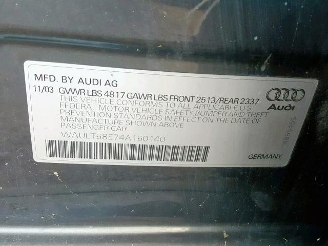 WAULT68E74A160140 - 2004 AUDI A4 3.0 QUA GRAY photo 10