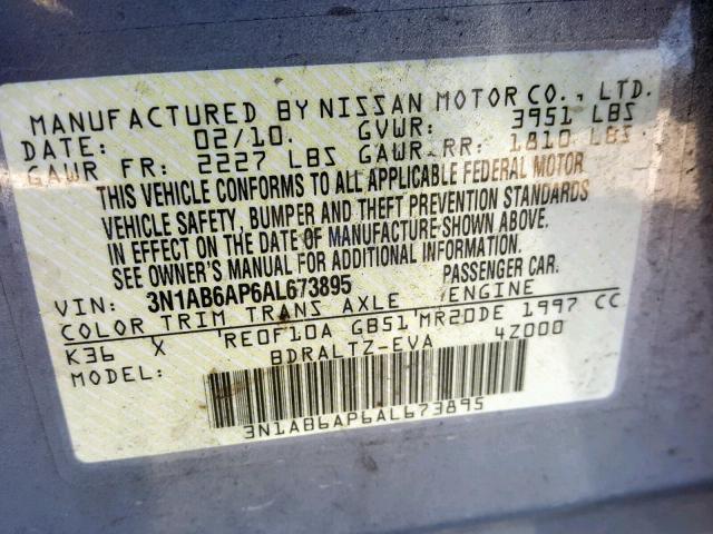 3N1AB6AP6AL673895 - 2010 NISSAN SENTRA 2.0 GRAY photo 10