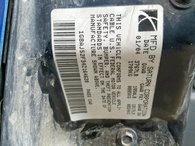 1G8AJ52F34Z164628 - 2004 SATURN ION LEVEL BLUE photo 10