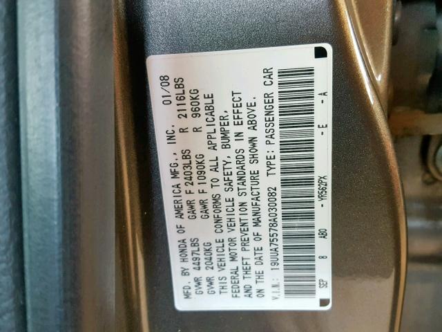 19UUA75578A030082 - 2008 ACURA TL TYPE S GRAY photo 10