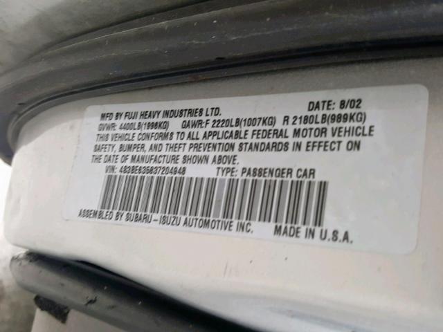 4S3BE635837204948 - 2003 SUBARU LEGACY L GRAY photo 10