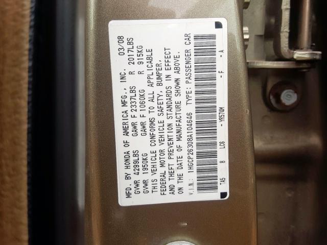 1HGCP26308A104646 - 2008 HONDA ACCORD LX BROWN photo 10