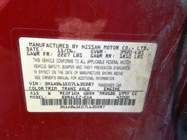 3N1AB61E07L630287 - 2007 NISSAN SENTRA 2.0 RED photo 10