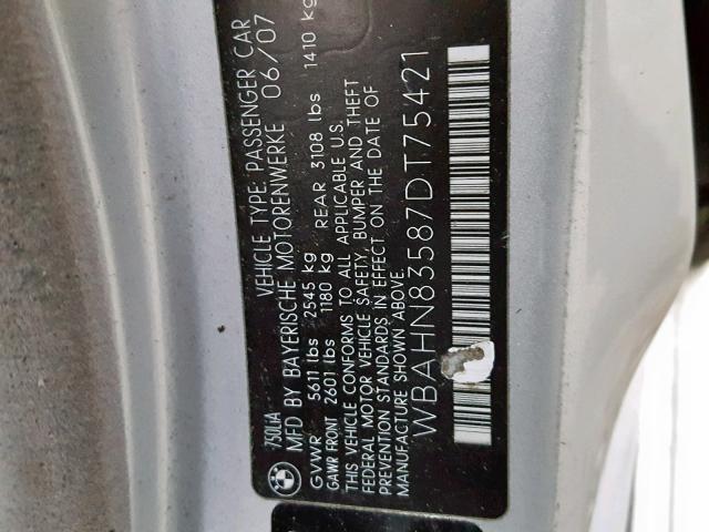 WBAHN83587DT75421 - 2007 BMW 750 SILVER photo 10