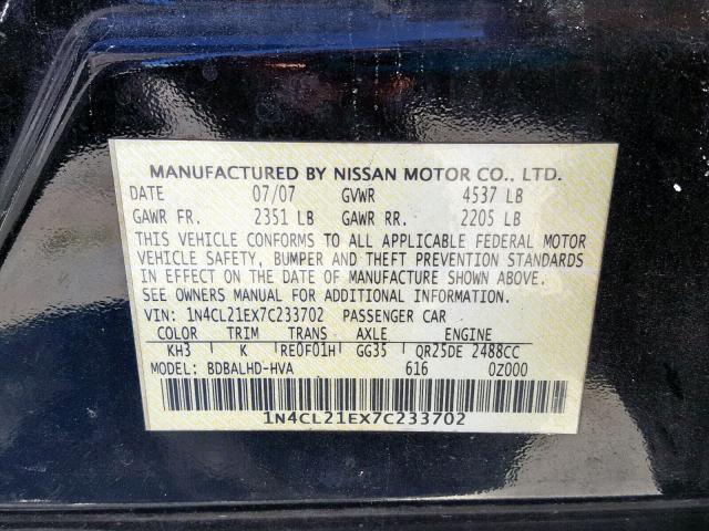 1N4CL21EX7C233702 - 2007 NISSAN ALTIMA HYB BLACK photo 10