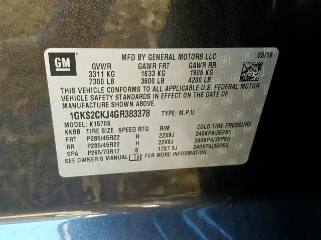 1GKS2CKJ4GR383378 - 2016 GMC YUKON DENA GRAY photo 10